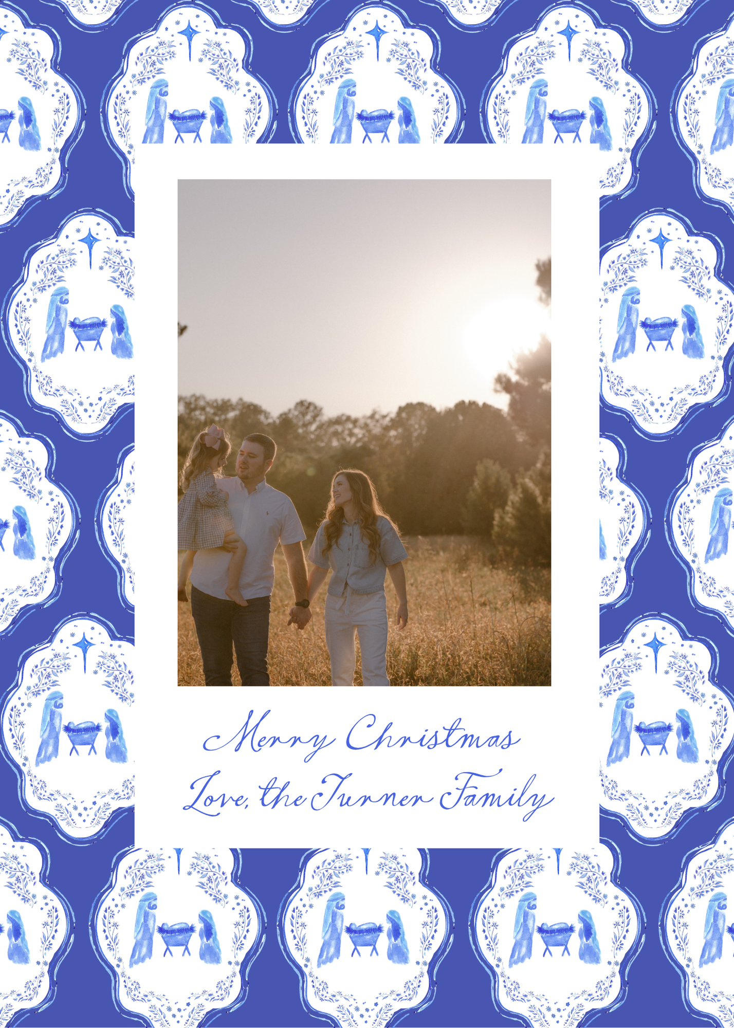 Blue Nativity 5x7 Family Christmas Card