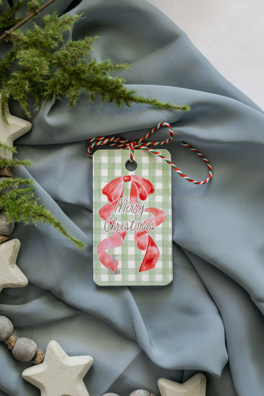 Set of 12 Christmas Tags: Green Gingham + Red Bow
