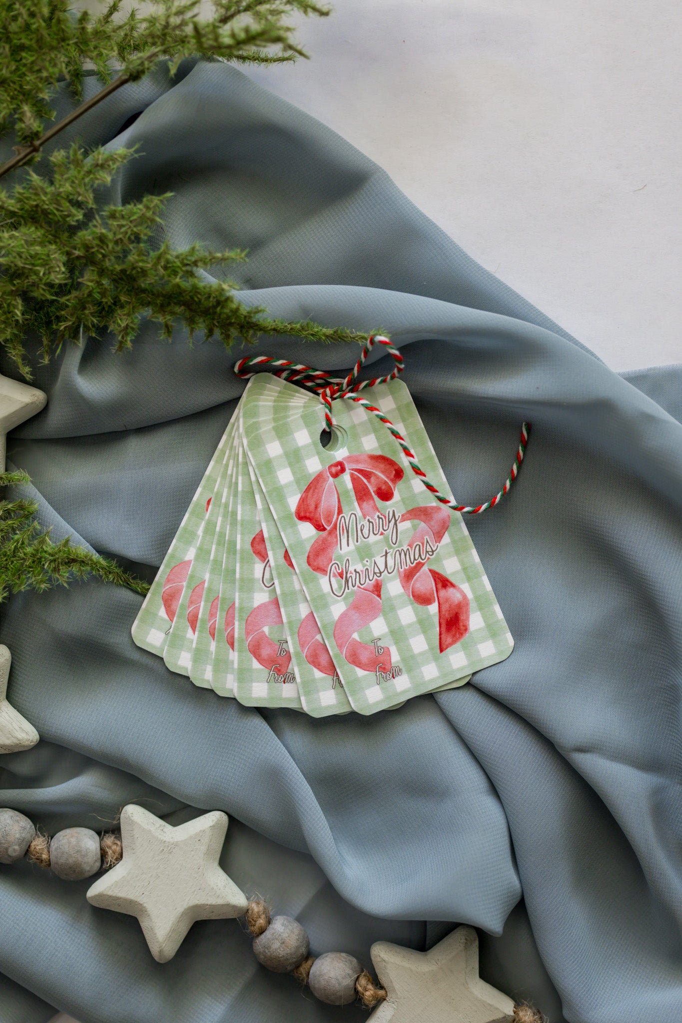 Set of 12 Christmas Tags: Green Gingham + Red Bow