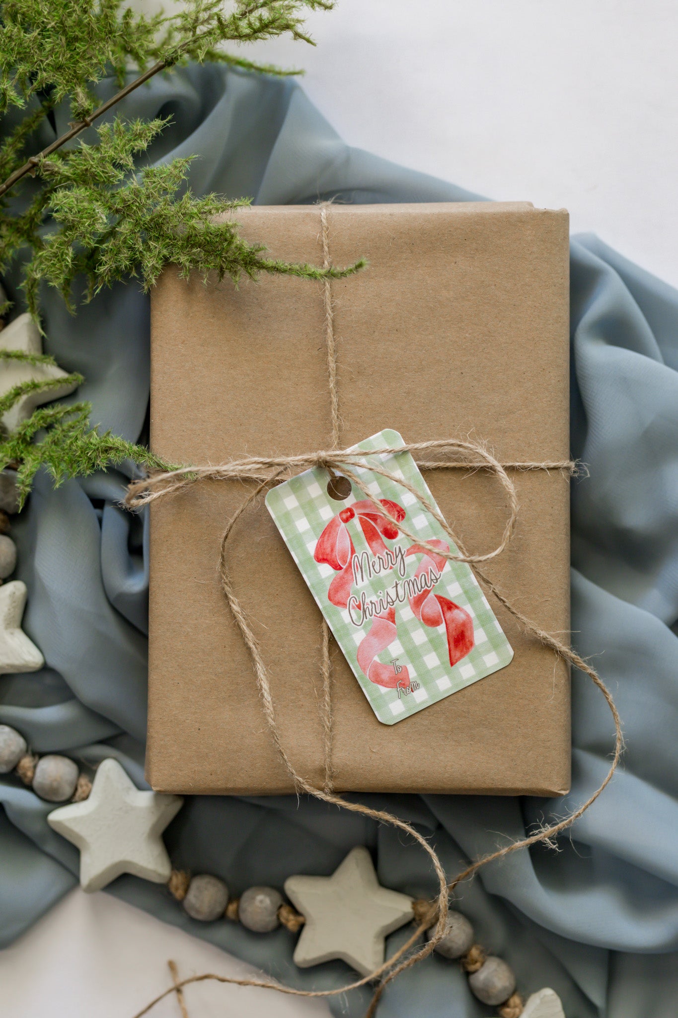 Set of 12 Christmas Tags: Green Gingham + Red Bow