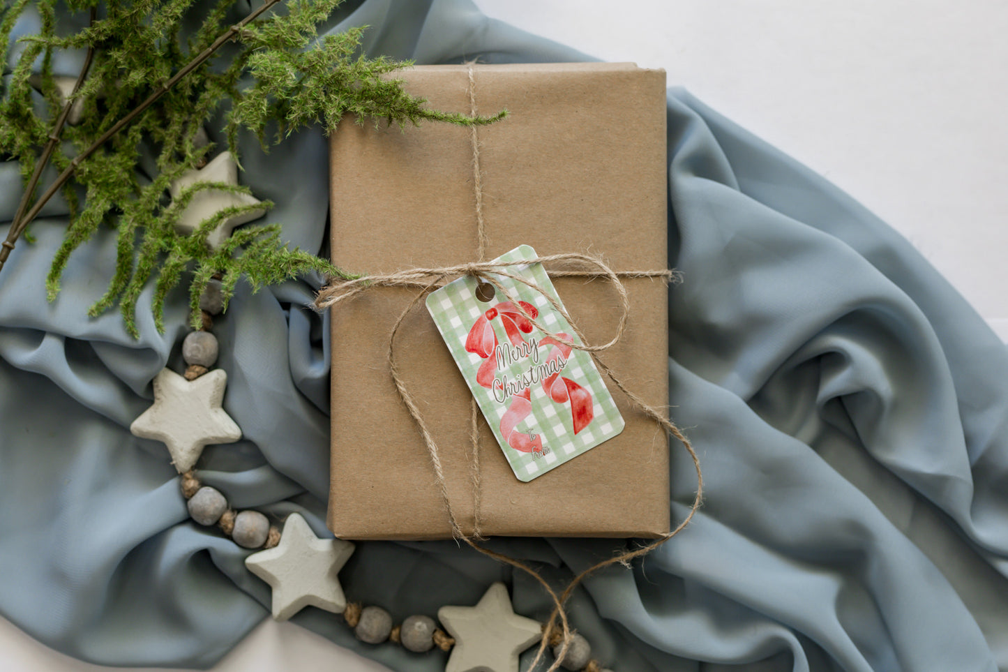 Set of 12 Christmas Tags: Green Gingham + Red Bow