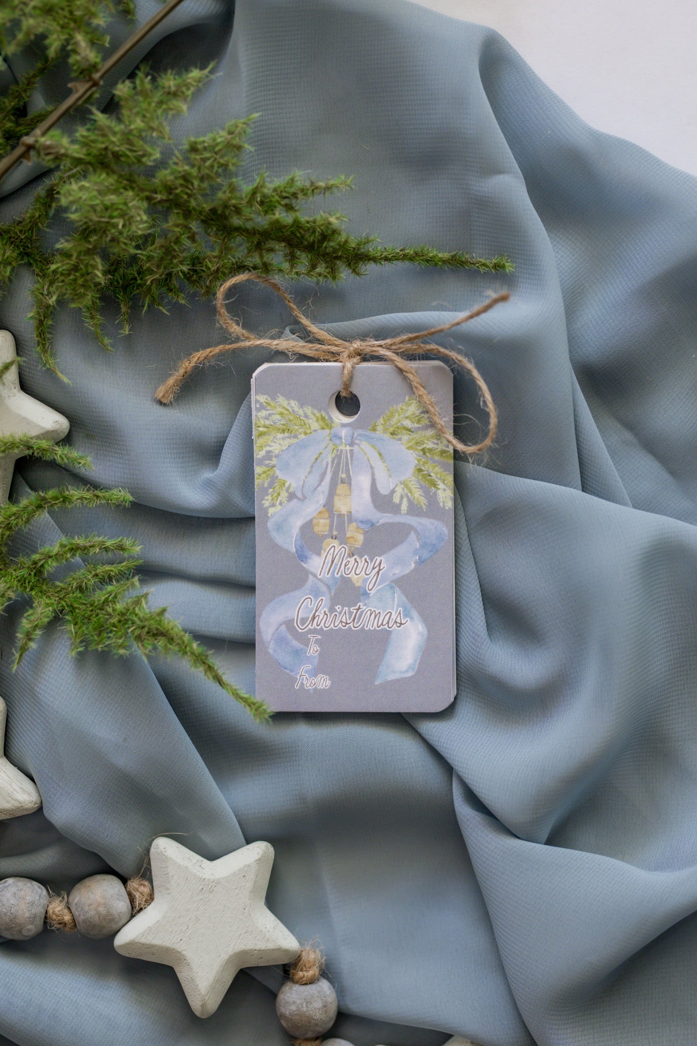 Variety Set of 12 Christmas Tags: Blue Bow + Swag