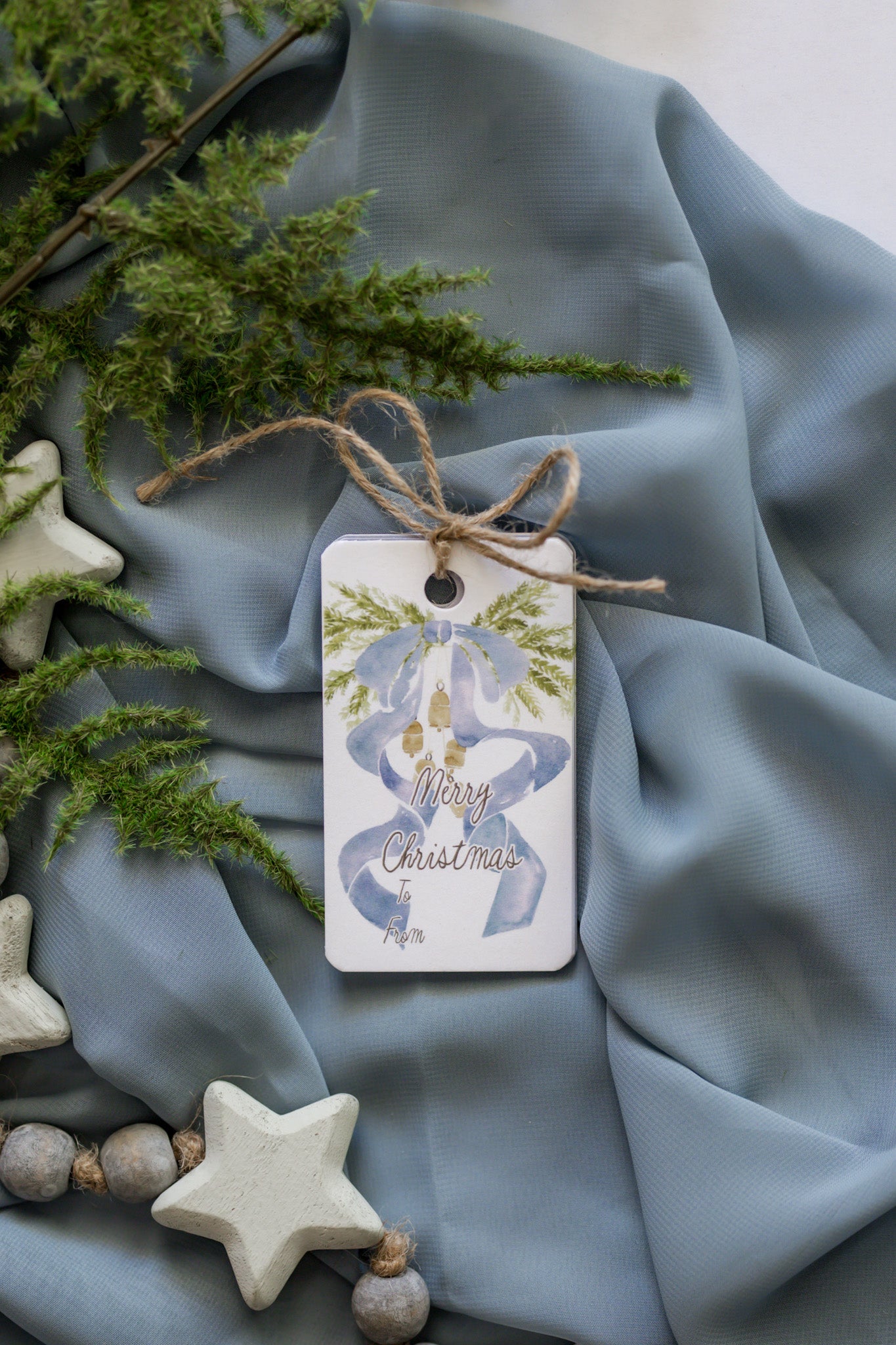 Variety Set of 12 Christmas Tags: Blue Bow + Swag