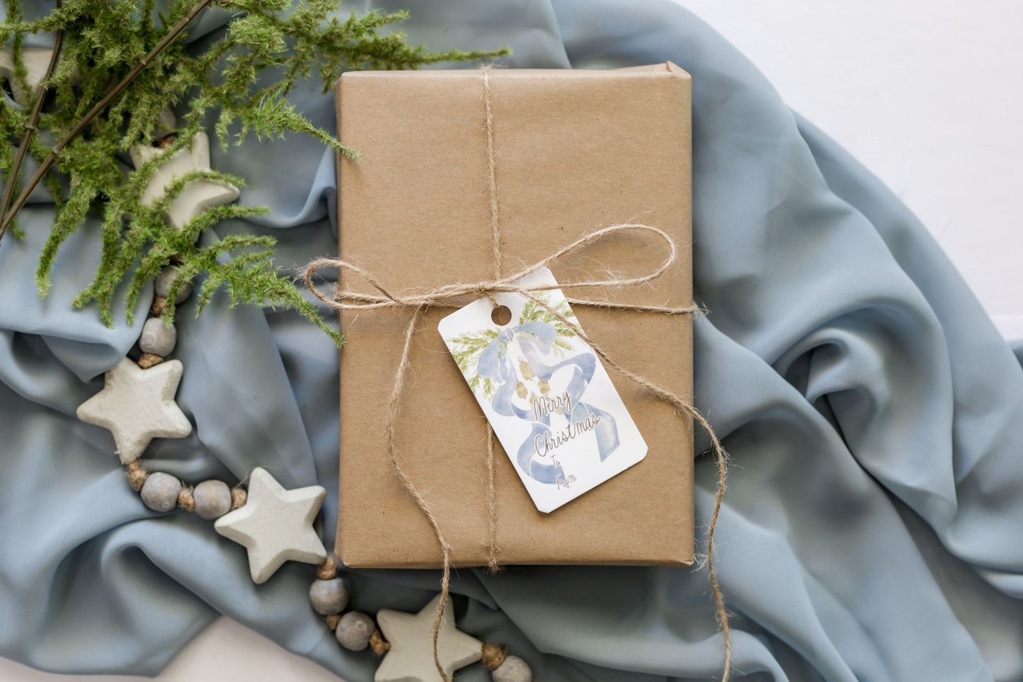 Variety Set of 12 Christmas Tags: Blue Bow + Swag