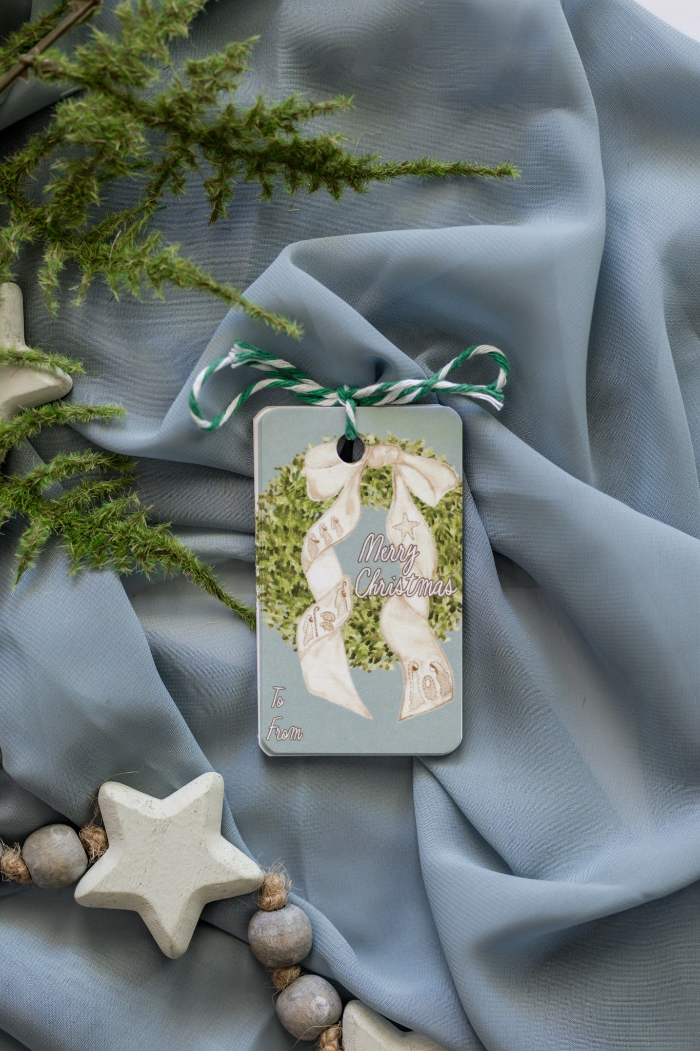 Variety Set of 12 Christmas Tags: Nativity Bow + Wreath