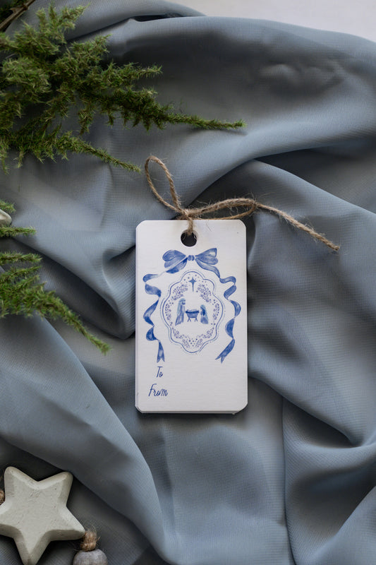 Set of 12 Christmas Tags: Blue Bow Nativity