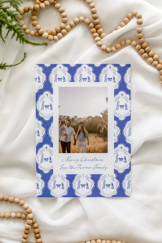 Blue Nativity 5x7 Family Christmas Card
