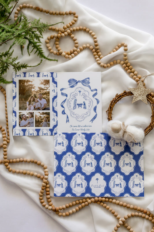 Blue Nativity + Bow 5x7 Family Christmas Card