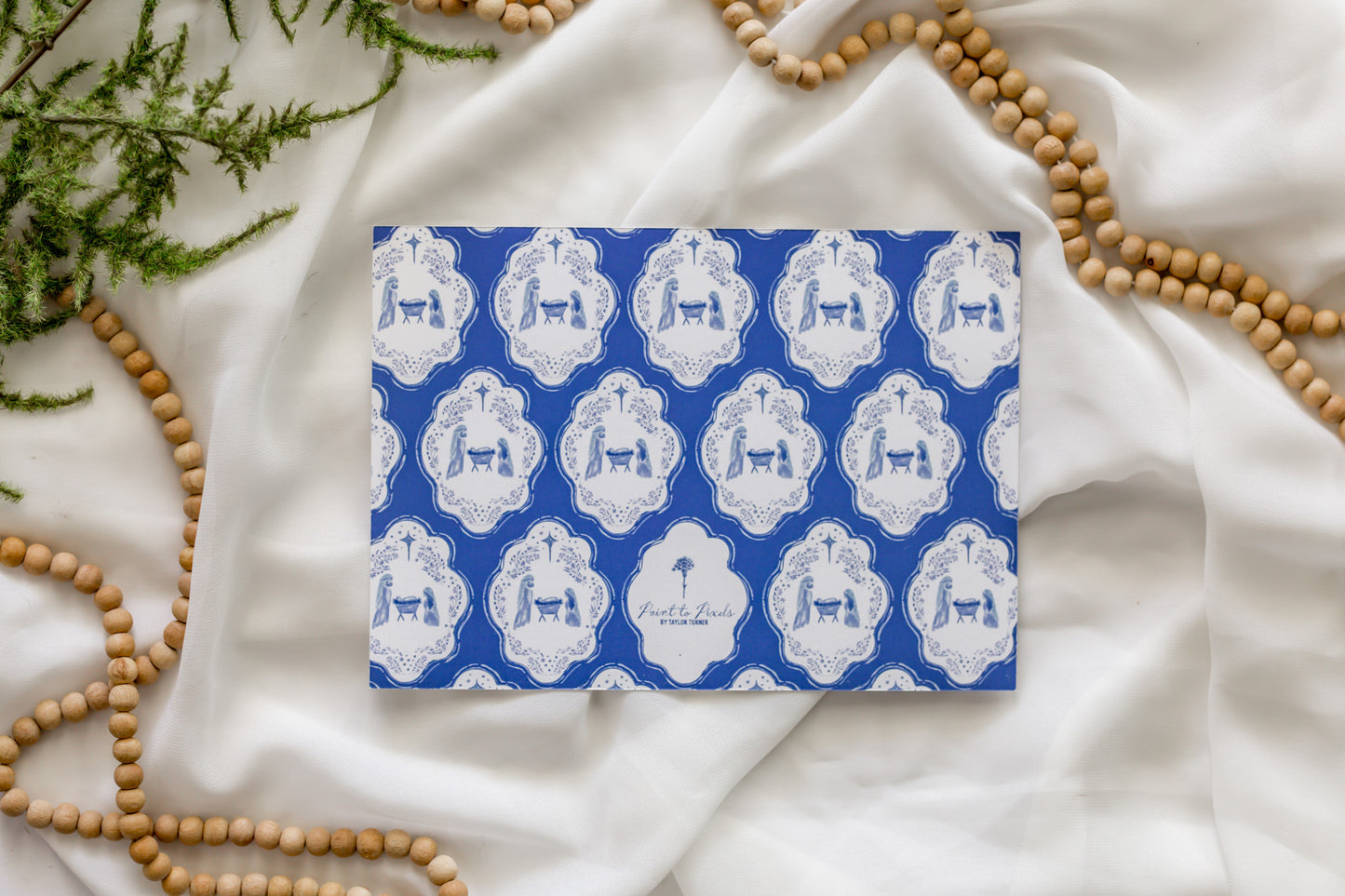 Blue Nativity + Bow 5x7 Family Christmas Card