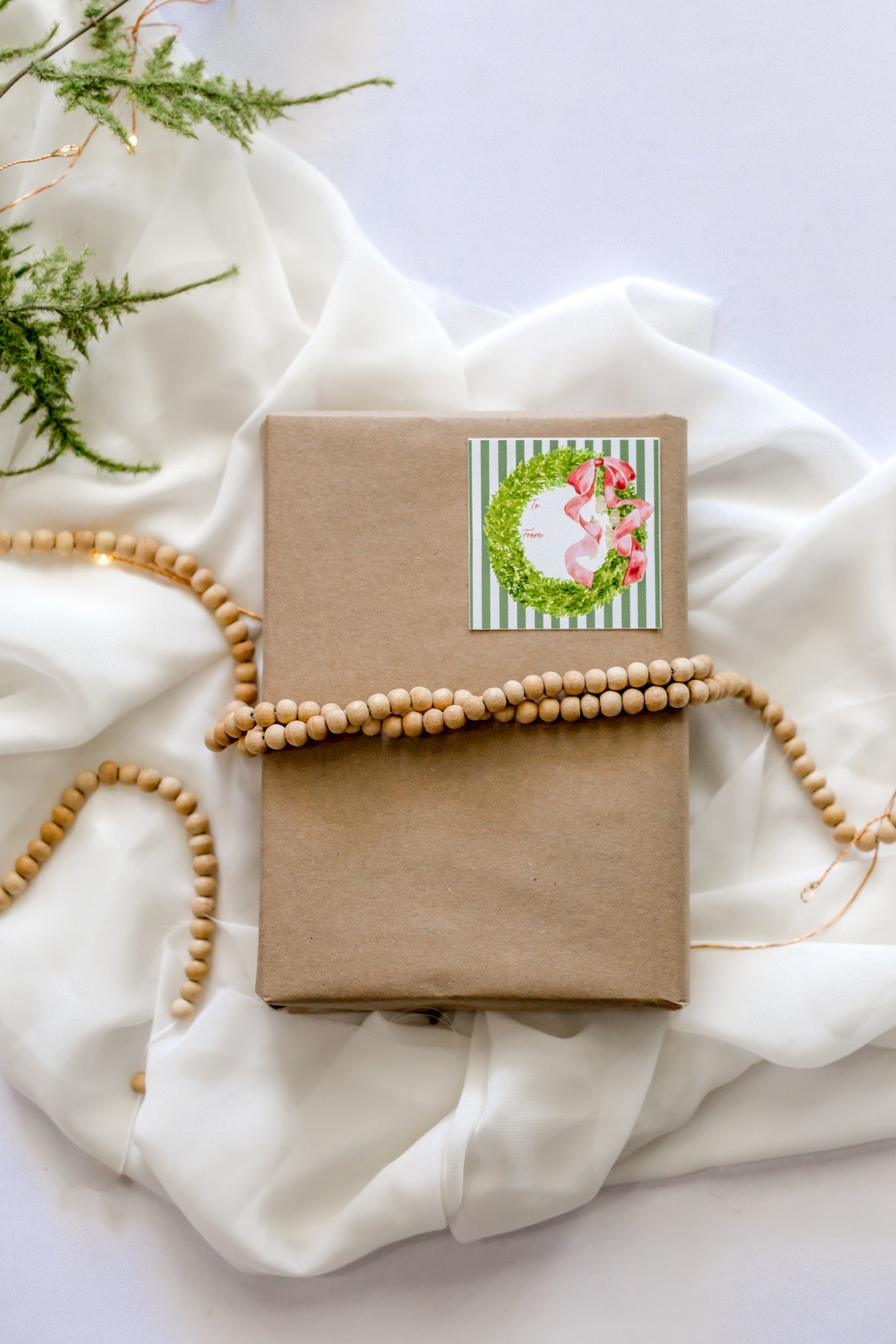 Set of 12 Green Stripe + Red Bow Sticker Christmas Tags