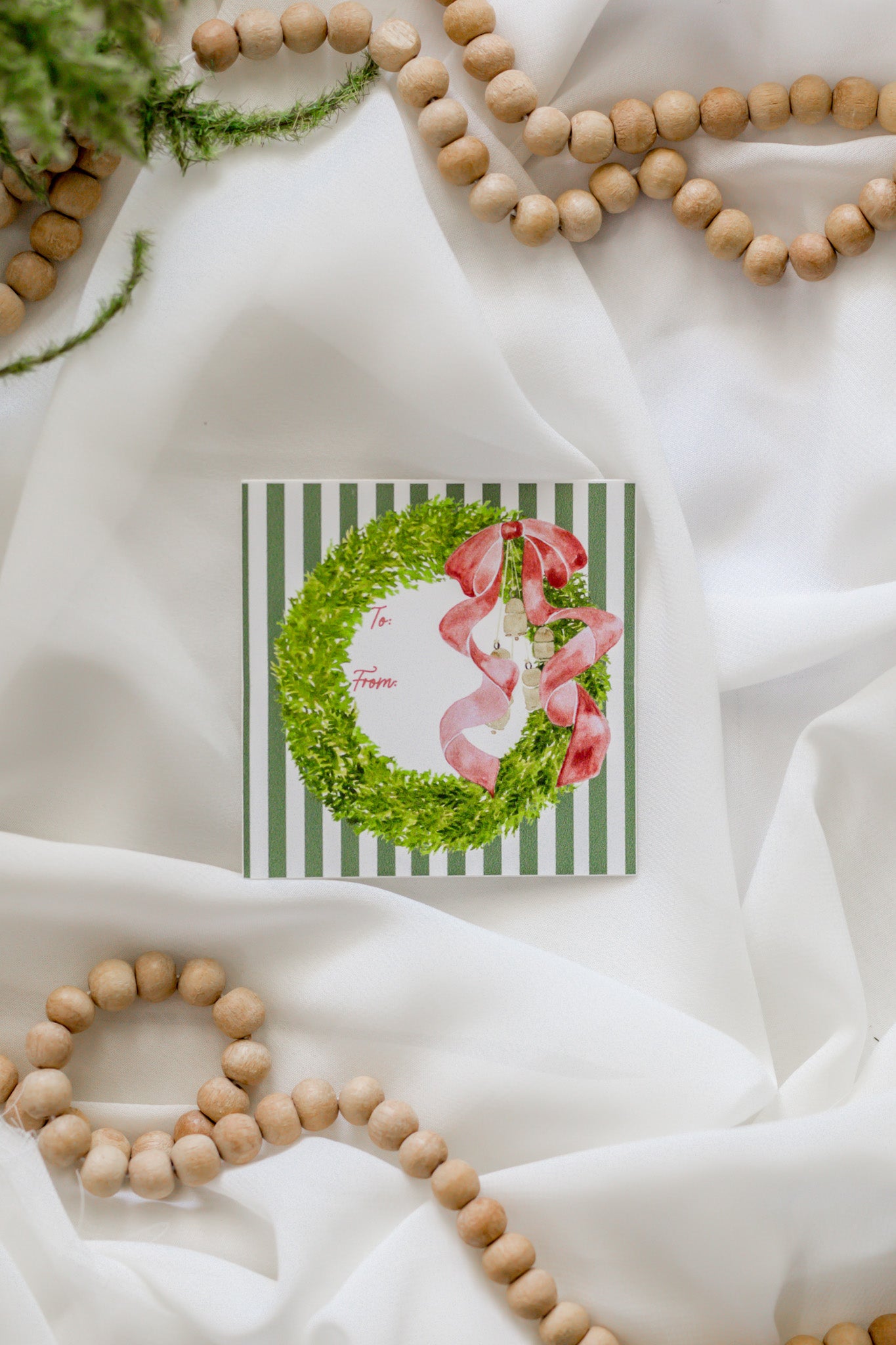 Set of 12 Green Stripe + Red Bow Sticker Christmas Tags