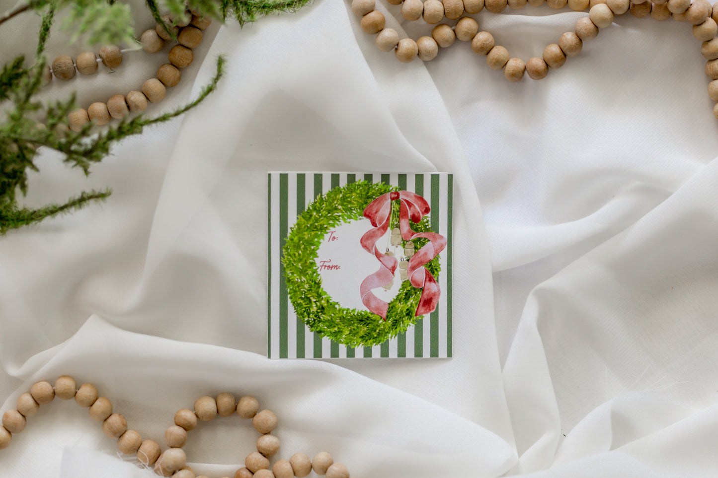 Set of 12 Green Stripe + Red Bow Sticker Christmas Tags