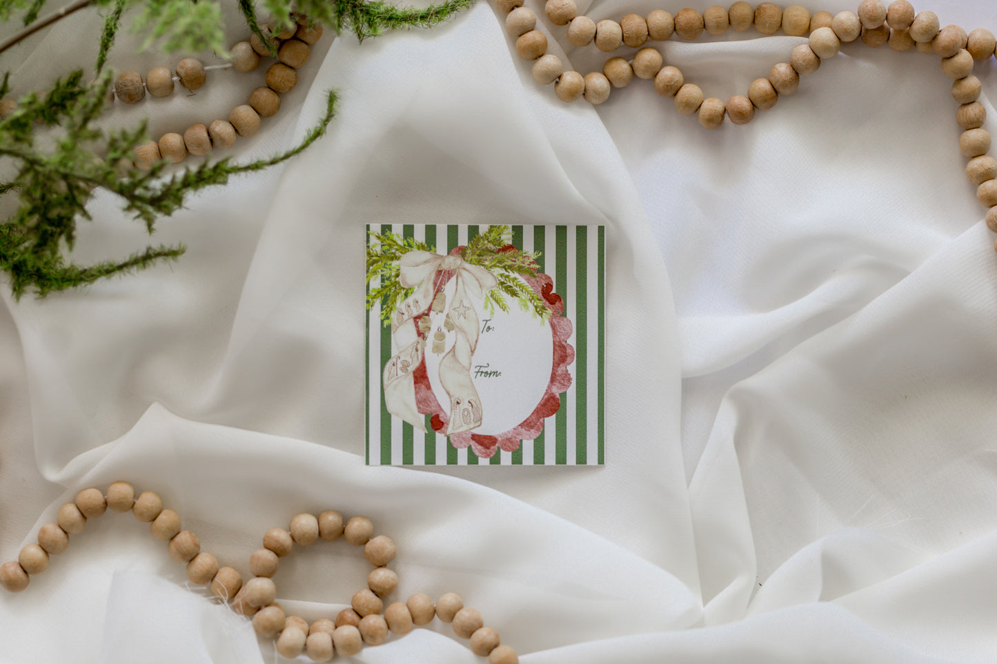 Set of 12 Green Stripe + Nativity Bow Sticker Christmas Tags