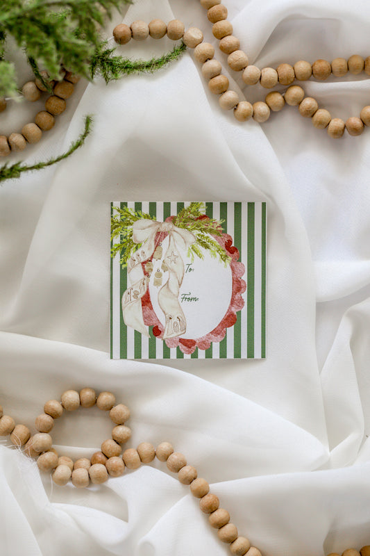 Set of 12 Green Stripe + Nativity Bow Sticker Christmas Tags