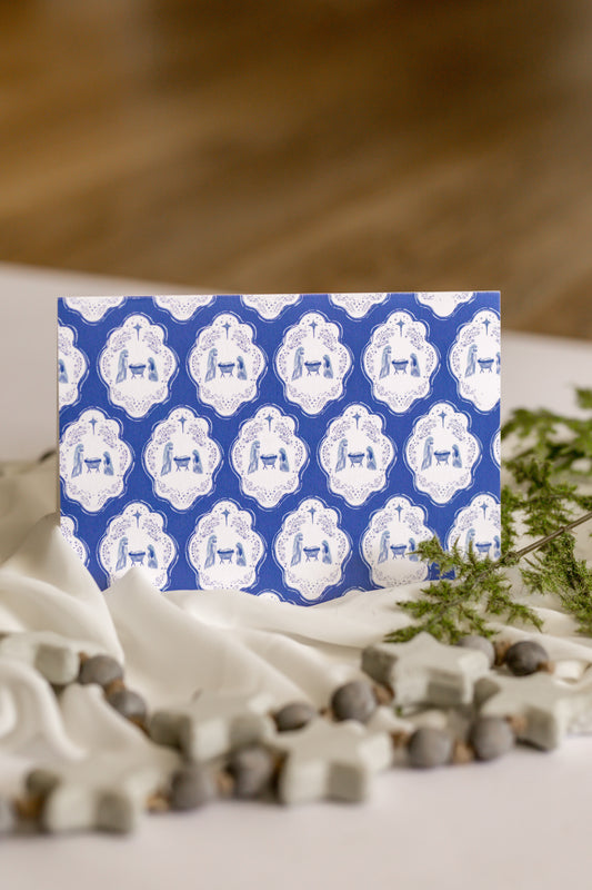 Blue Nativity Pattern Christmas Card