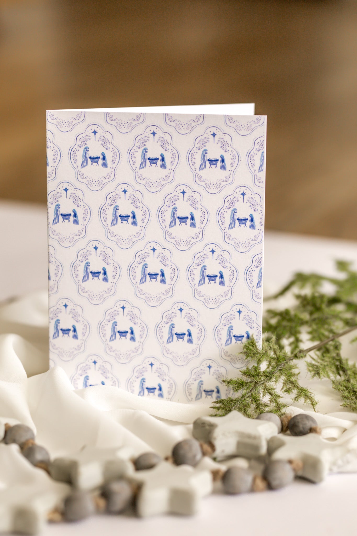 White + Blue Nativity Scene Patterned Christmas Card