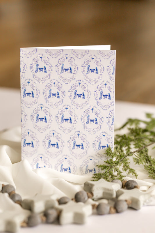 White + Blue Nativity Scene Patterned Christmas Card