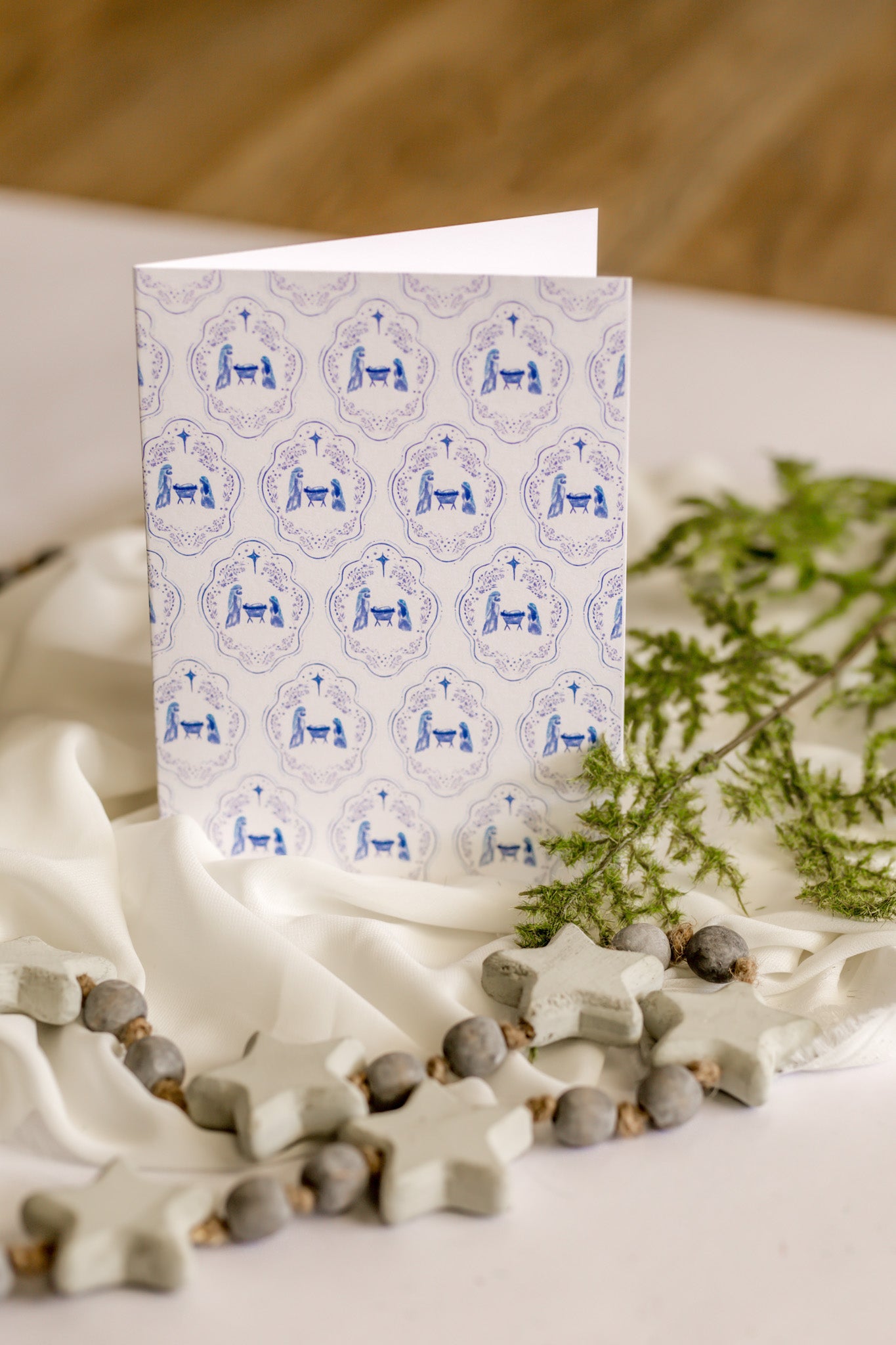 White + Blue Nativity Scene Patterned Christmas Card