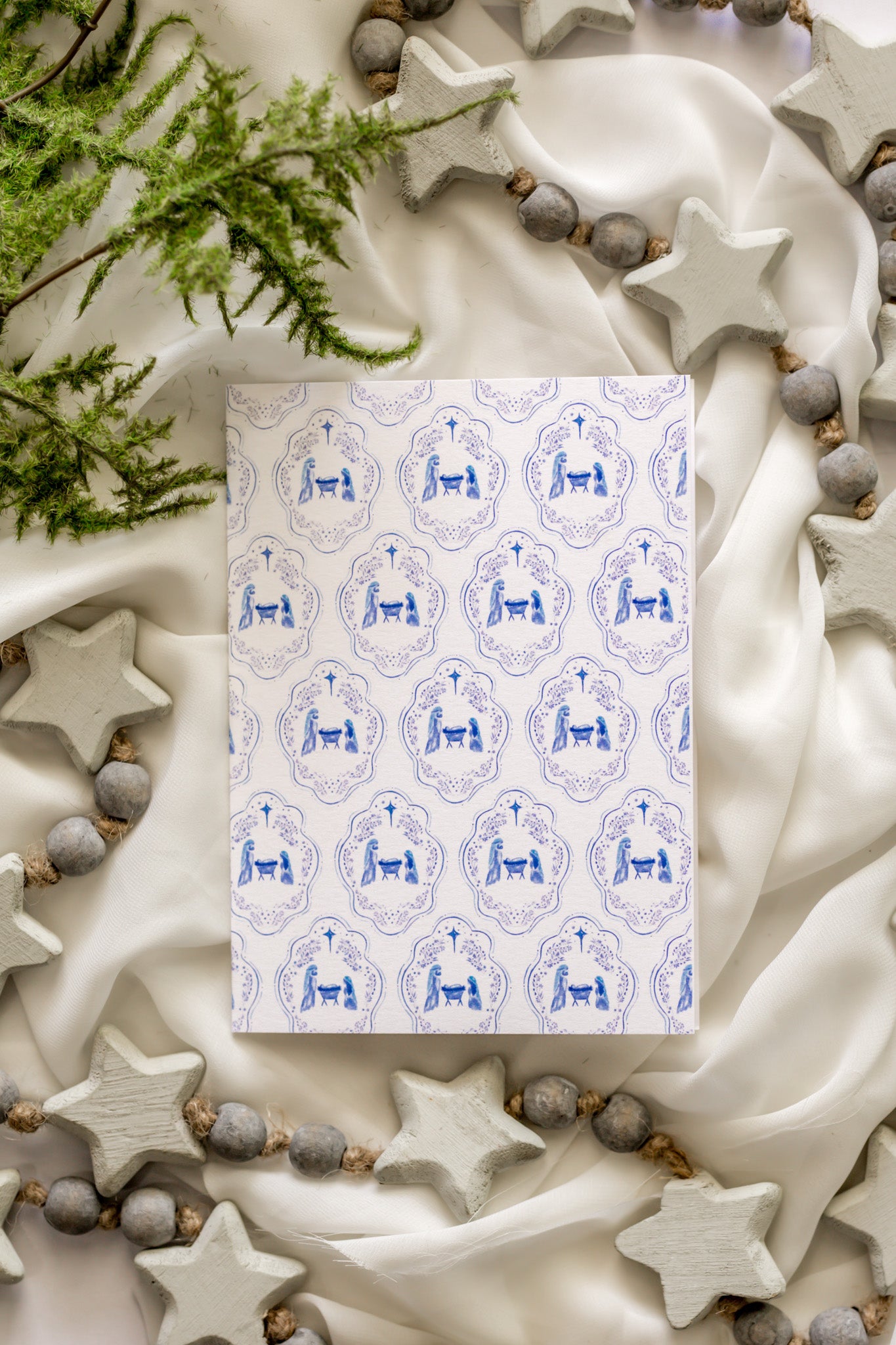 White + Blue Nativity Scene Patterned Christmas Card