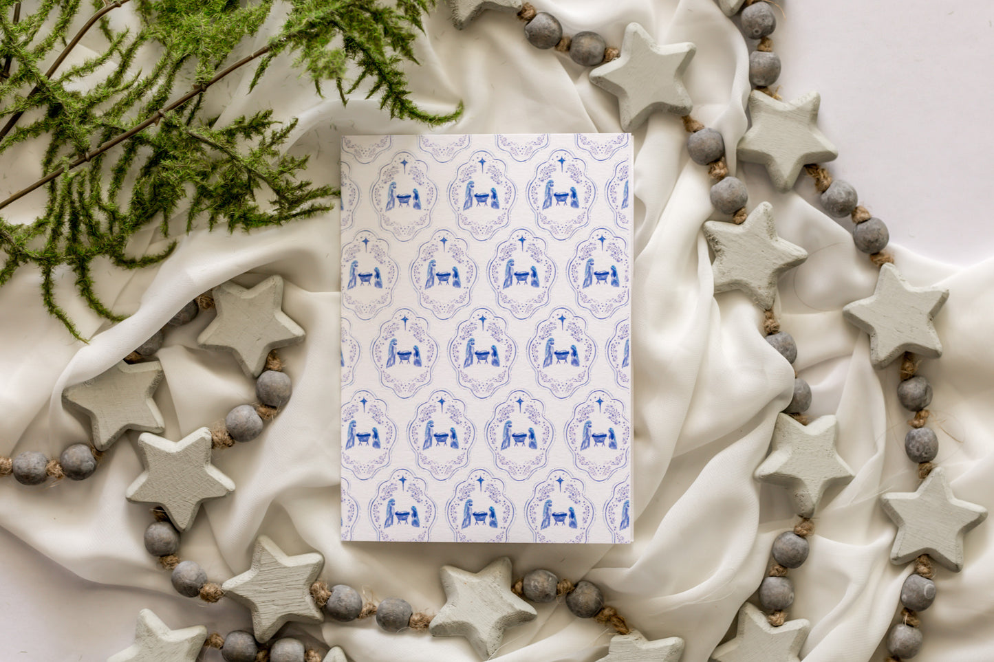 White + Blue Nativity Scene Patterned Christmas Card