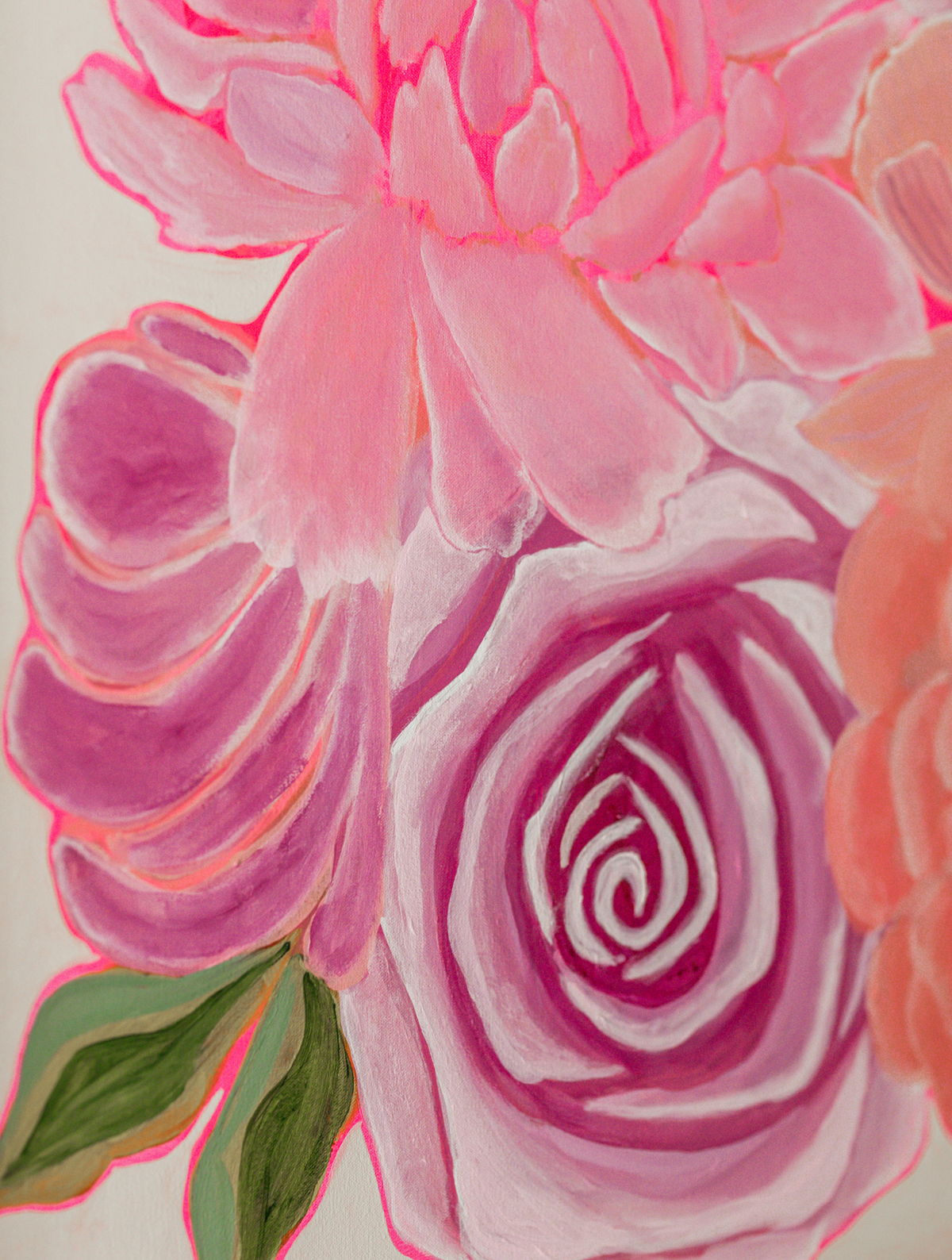 A close-up floral painting featuring pink and magenta roses with green leaves on a light background.