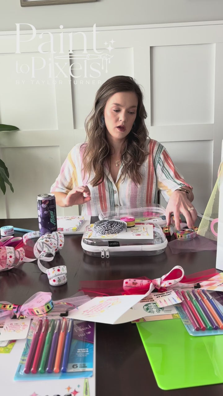 Video of woman Packing Teacher Appreciation Stationery Bundle including a clear plastic pencil bag, notepad, memopad, sticky notes, pen, bookmark, hairclip, card, and tag